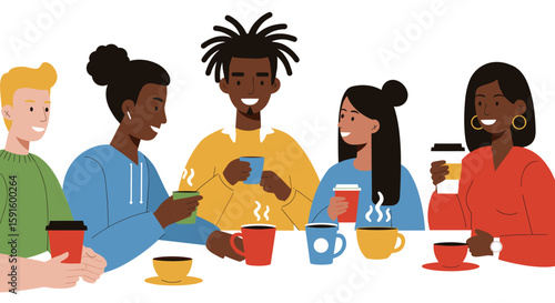 Diverse group of friends enjoying coffee together in a modern flat design style