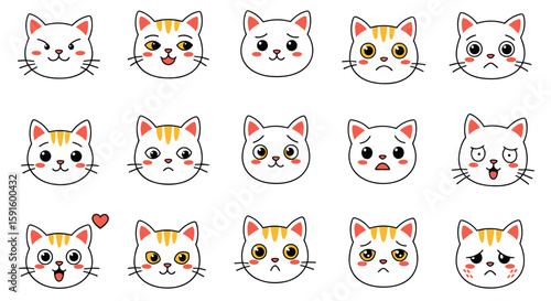 Cute cat emoji set with various facial expressions in flat design