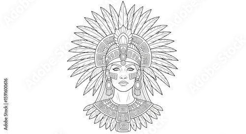 Powerful Mayan Warrior Priestess Headdress Adult Coloring Page Cultural Mysticism