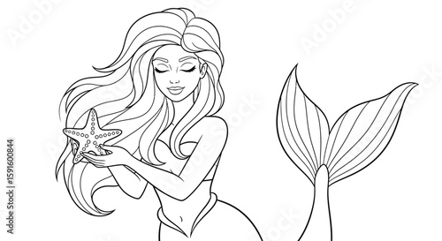 Mermaid Holding Starfish Calm Expression Coloring Page for Adults Gentle Ocean Life