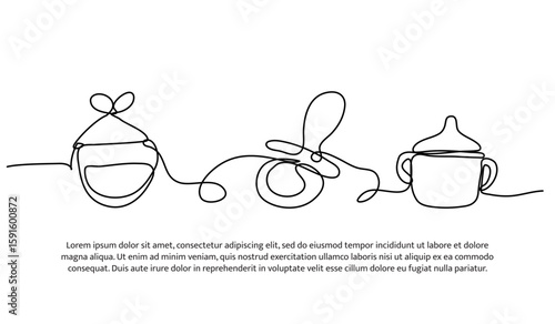 Continuous line design of baby bib and pacifier. Single line decorative element drawn on white.
