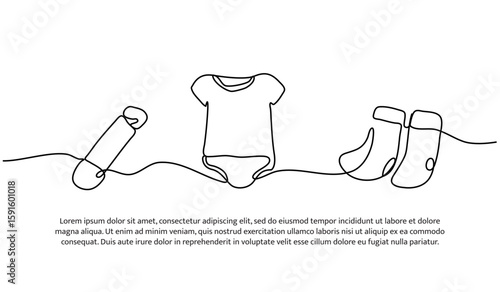 Continuous line design of baby equipment. Single line decorative element drawn on white.