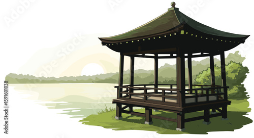Serene gazebo by lakeside at sunset with lush greenery