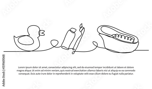 Continuous line design of duck toys and bath equipment. Single line decorative element drawn on white.