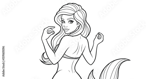 Alluring Mermaid Looking Over Shoulder Adult Coloring Page Ocean Mythical Charm