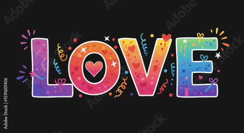Colorful love typography with vibrant patterns on black background