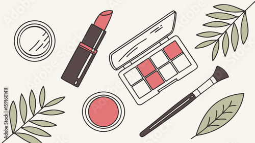 Beauty and makeup products flatlay illustration for cosmetic beauty brand and beauty blog content creation