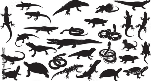 Vector art of diverse collection of reptile silhouettes in various poses