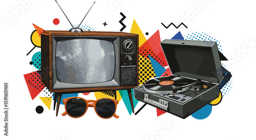 Retro media vibes: vintage tv and record player with geometric background