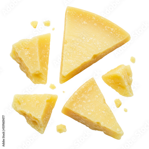 Golden yellow, irregularly shaped, crumbly Parmesan cheese pieces artfully scattered against a pristine plain white background with no shadows, top-down view, concept for gourmet food ingredient