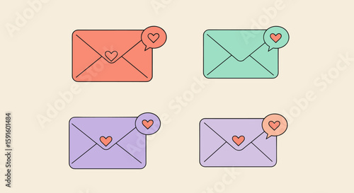 Colorful envelopes with heart icons set in minimalist design