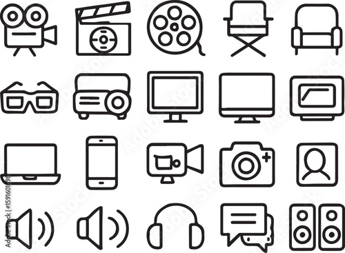 Cinema and media icons set black outline movie film