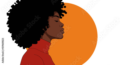 Stylish profile portrait of a woman with afro against orange circle