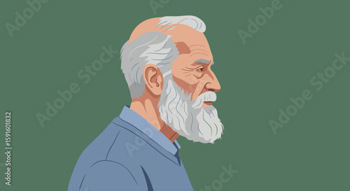 Profile of elderly man with white beard in blue shirt on green background