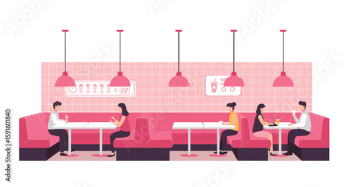 Cozy cafe scene with people dining in a modern flat style interior