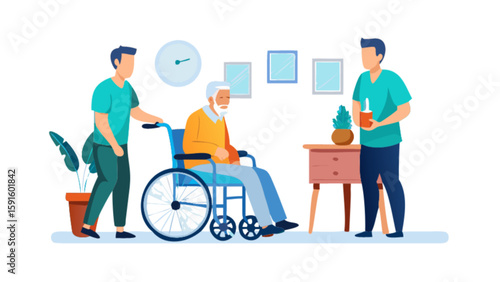 Elderly care assistance at home service caregiver support for senior man in wheelchair assistance concept