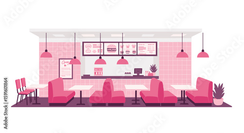 Retro pink diner interior with booths and counter in flat style