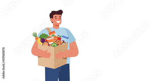 Happy man holding grocery bag full of vegetables and snacks in flat design
