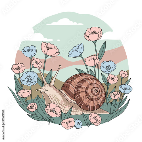 Snail in a floral environment surrounded by blooming flowers, colorful illustration