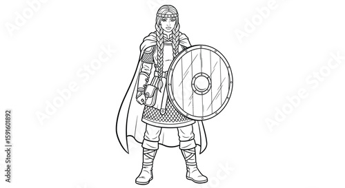 Powerful Norse Shieldmaiden Standing Strong Adult Coloring Page Viking Heroine Artistry