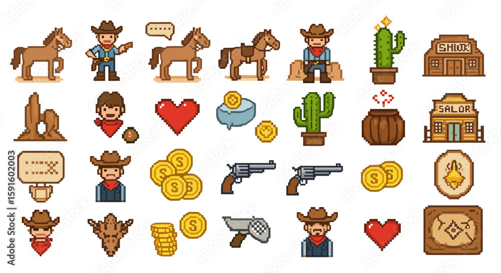 Obraz premium Pixel art wild west set featuring cowboys, horses, cacti, and iconic western elements