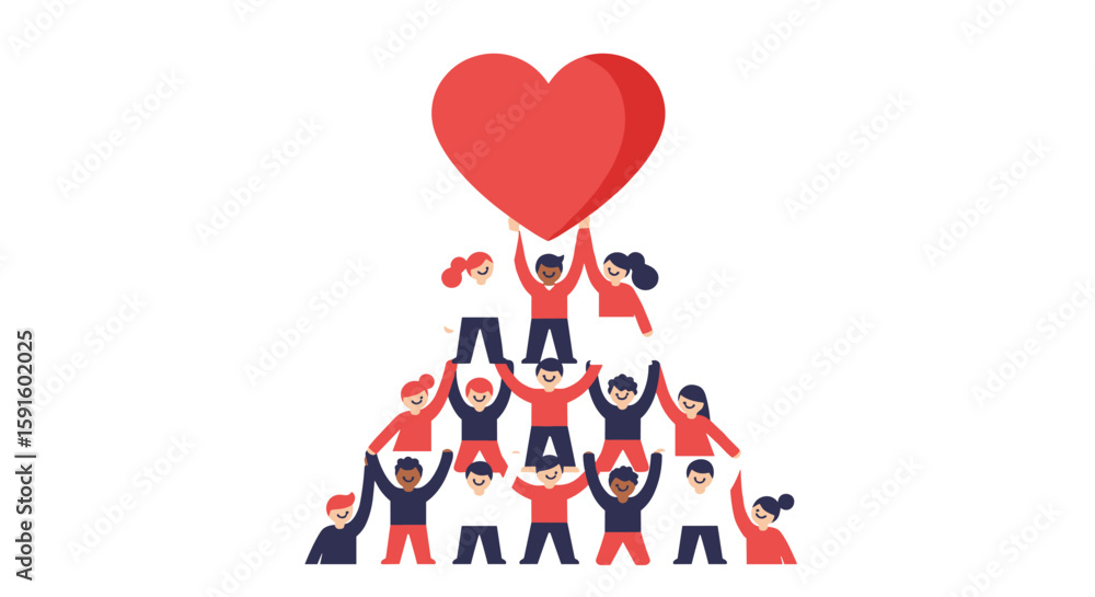 Community spirit celebration: diverse group holding heart in minimalist style Community spirit celebration: diverse group holding heart in minimalist style