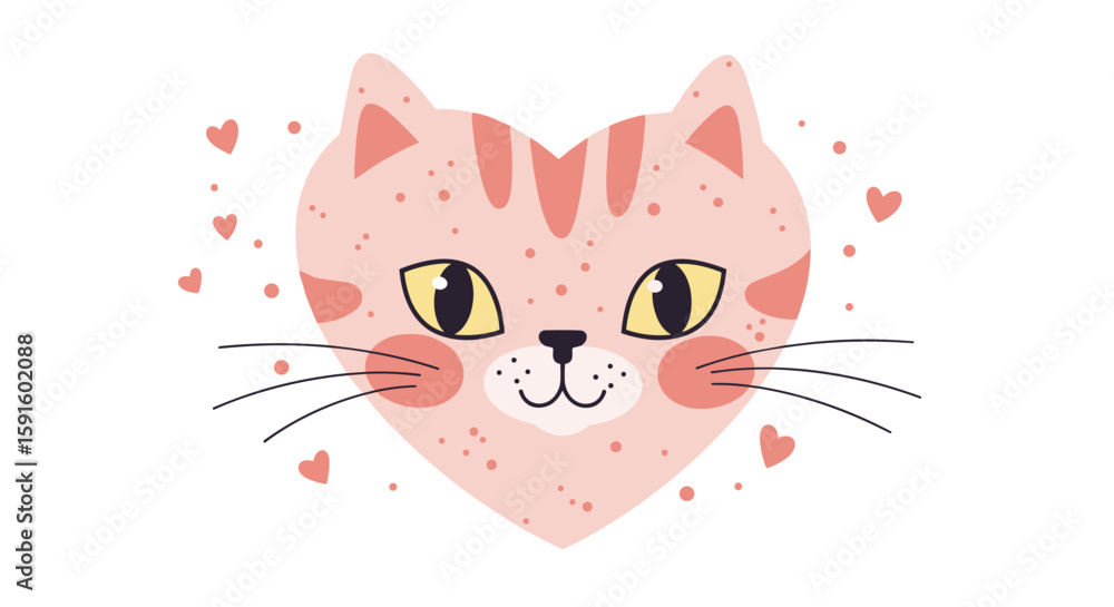 Obraz premium Cute cat face with heart shape and whiskers surrounded by hearts