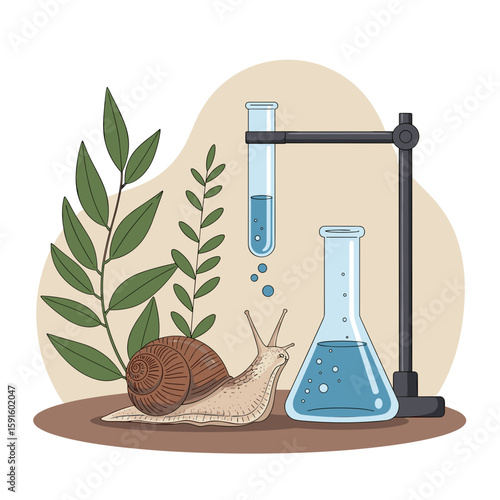 Snail skincare science with laboratory equipment and green leaves on a soft white background