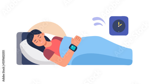 Woman sleeping with smart watch and alarm clock showing time for wake up early morning sleep tracking app