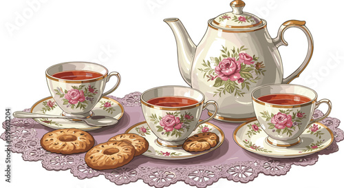 Elegant tea set with floral design on delicate lace mat