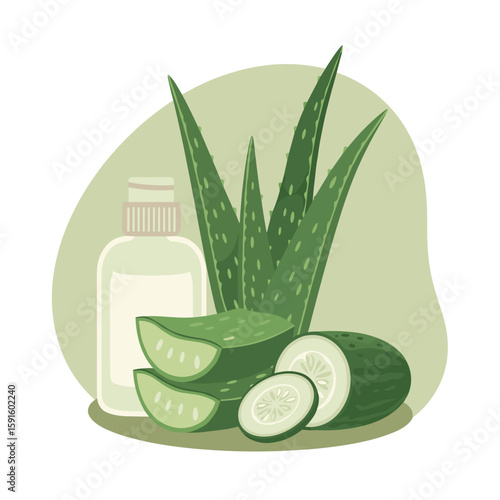 Aloe vera and cucumber slices with a bottle of essence on a soft green background
