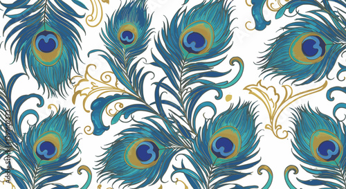 Elegant peacock feather pattern with intricate gold accents on white background