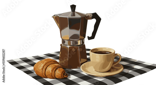 Moka pot and coffee cup on checkered cloth with croissant