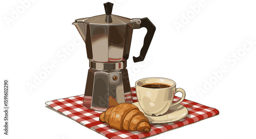 Morning coffee with moka pot, croissant, and cup on checkered cloth