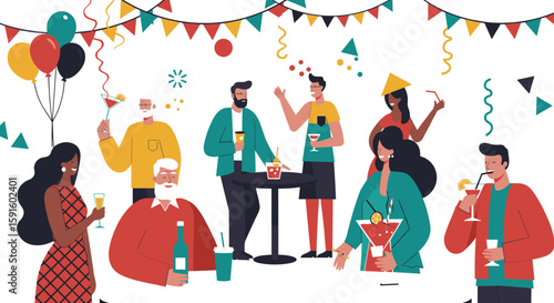 Festive celebration with diverse group enjoying drinks and music at a party