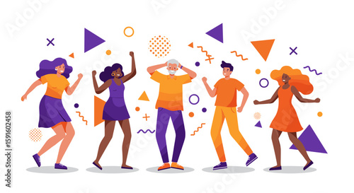 Vibrant group of diverse people celebrating with geometric shapes in modern flat art style