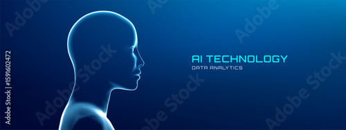 AI avatar head digital face 3D with robot human. Futuristic blue neon scan effect for recognition technology and security concepts. Abstract mesh or particle network designs for cyber intelligence.