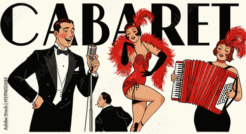Vintage cabaret show with performers in retro style and red accents