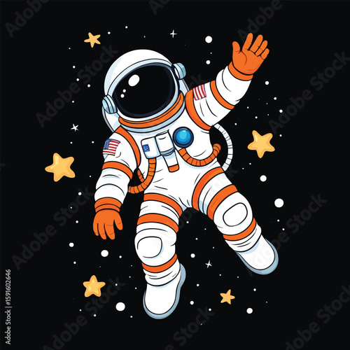 Cartoon Astronaut Floating in Outer Space Illustration for Children, features an astronaut in a spacesuit surrounded by stars against a dark background with a playful style perfect for kids.