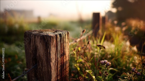 Wallpaper Mural Rustic wooden fence post in a dewy field at dawn Torontodigital.ca