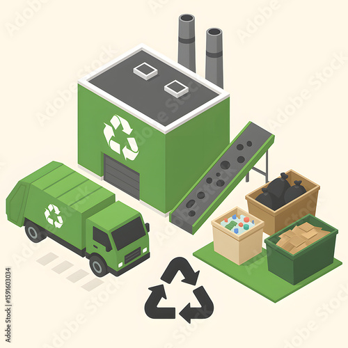 Isometric green recycling factory with waste sorting conveyor, garbage truck, plastic and cardboard bins, sustainable waste management system illustration for environment protection and eco-friendly p