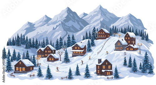 Charming mountain village in winter wonderland with skiers and snowy peaks