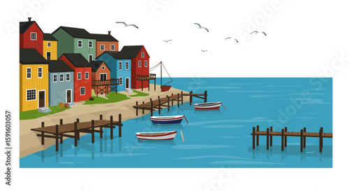 Coastal village scene with colorful houses and boats by the pier