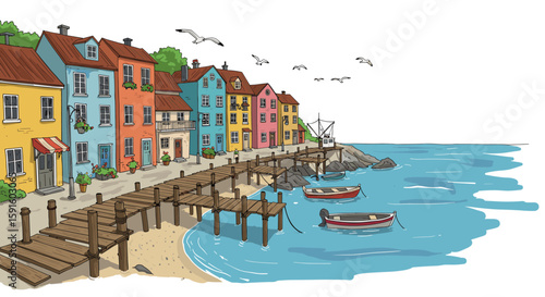 Charming coastal village with colorful houses and wooden pier