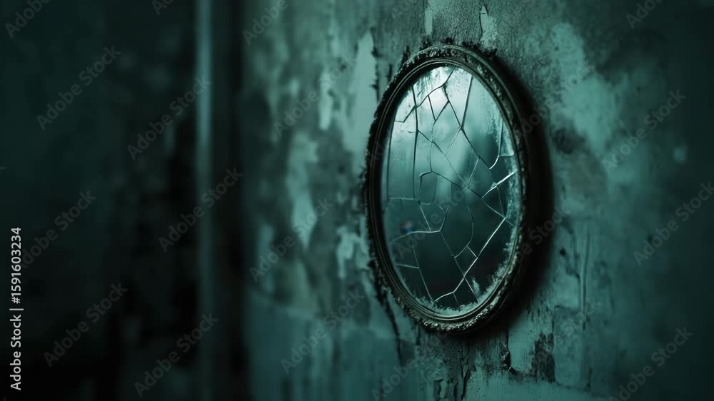 Broken round mirror cracked glass on old textured wall with peeling paint in dark moody room creating eerie mysterious atmosphere vintage style damaged surface reflection distortion