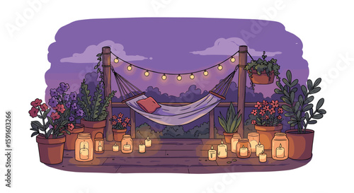 Cozy backyard hammock with string lights and plants at twilight