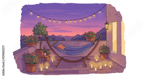 Cozy terrace with hammock at sunset featuring string lights and candlelit decor