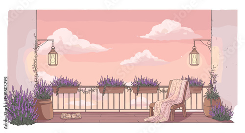 Cozy sunset balcony with lavender plants and lanterns