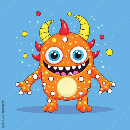 A playful orange cartoon monster with yellow horns and a wide, toothy grin stands against a light blue background, creating a cheerful and whimsical illustration suitable for children's designs.