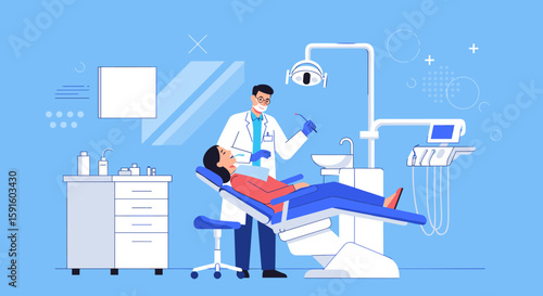 Modern dental clinic with dentist treating female patient in clean medical environment